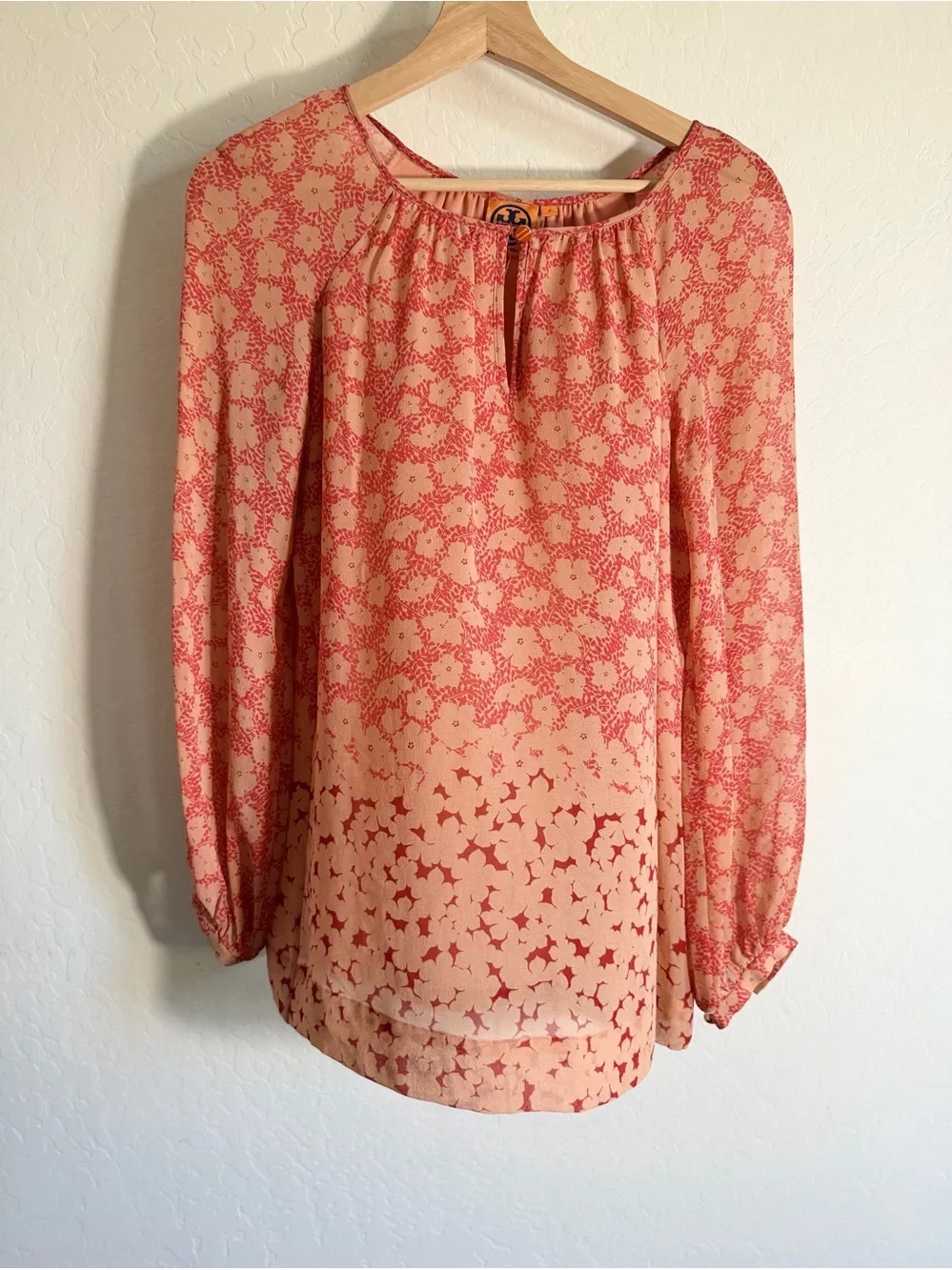 Tory Burch Lightweight Peach & Coral Printed Peasant Blouse 2